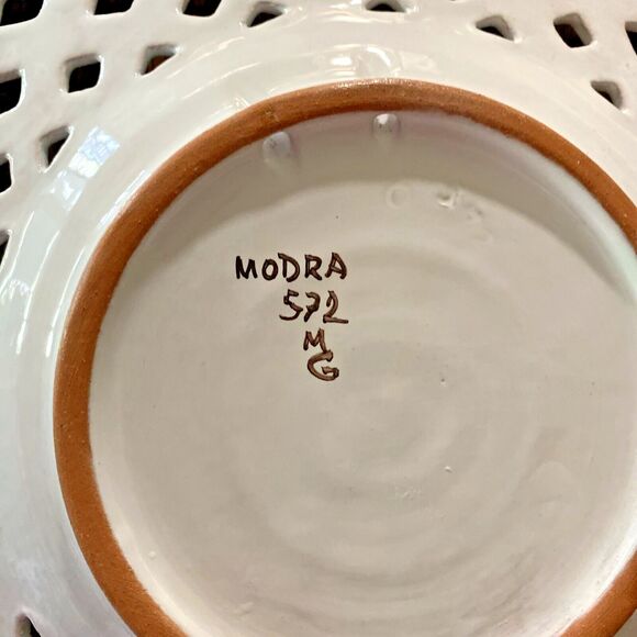 VTG Modra Art Pottery Plate Reticulated Woven Border Flowers 10.25” EUC - Picture 3 of 5